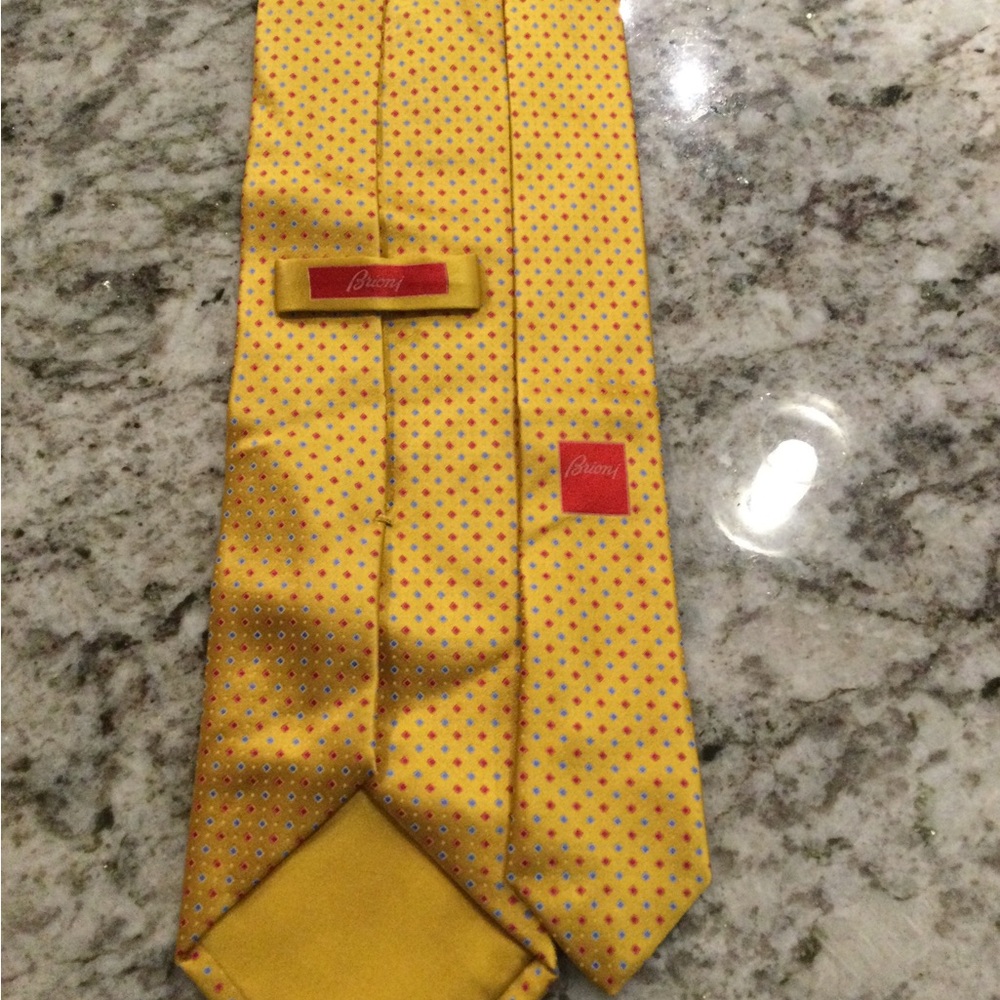 Brioni Yellow Silk Tie with Red and Blue Microdots